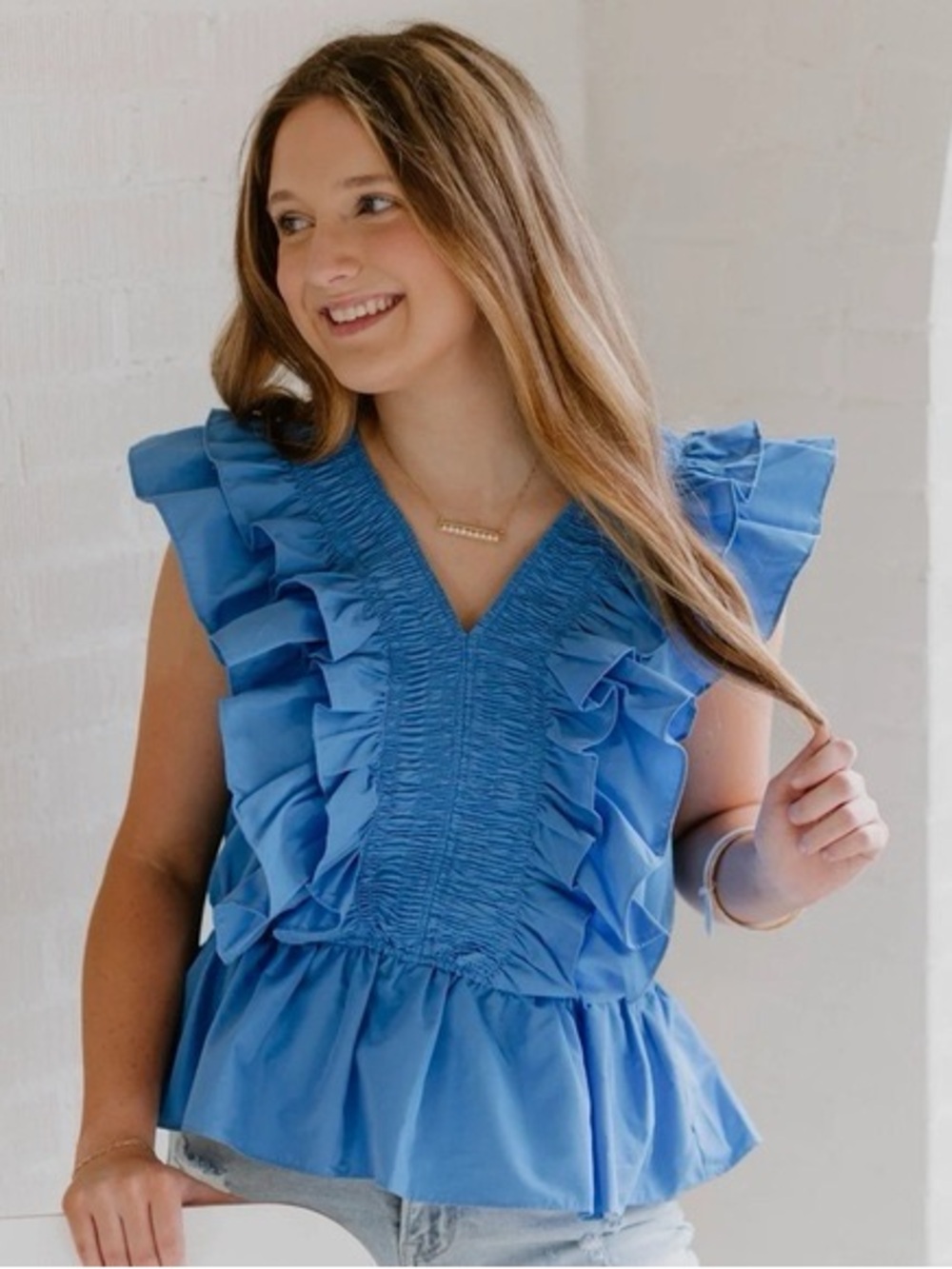 The Pants Store Ruffle Detail Sleeveless Top Size M Blue